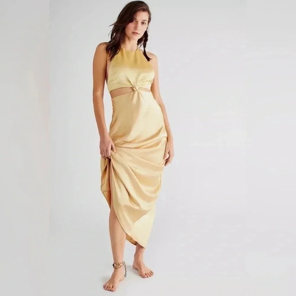 NWT Free People Bec & Bridge Carrie Halter Satin Maxi Dress in Yellow Gold - Picture 1 of 16